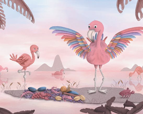 Een afbeelding uit het boek Flamingo Fien lust geen roze waarbij de veren van Fien haar vleugels verschillende kleurtjes hebben. 