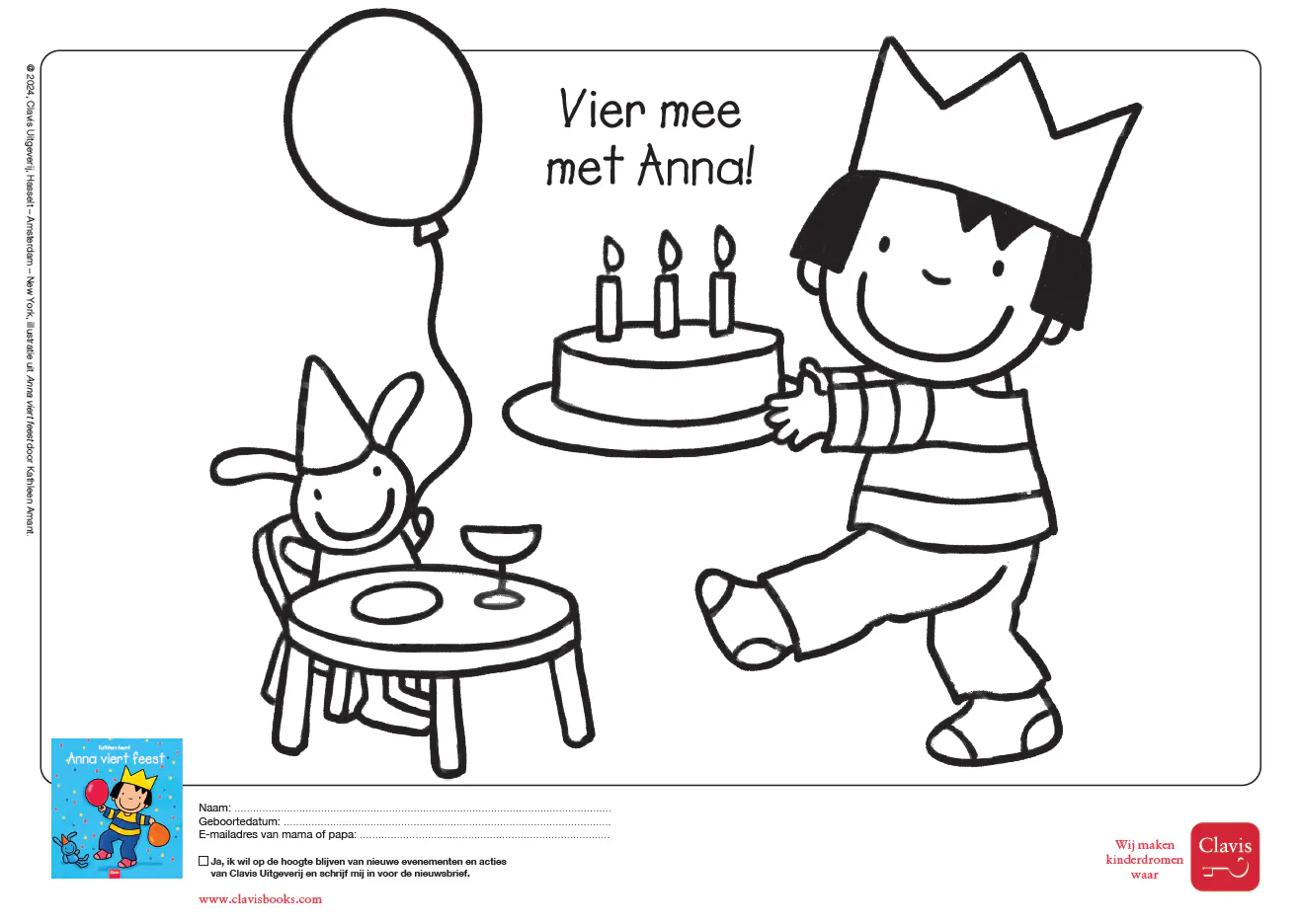 Een zwarte lijntekening van Anna. Deze kleurplaat hoort bij het boek 'Anna viert feest' van Kathleen Amant. 
