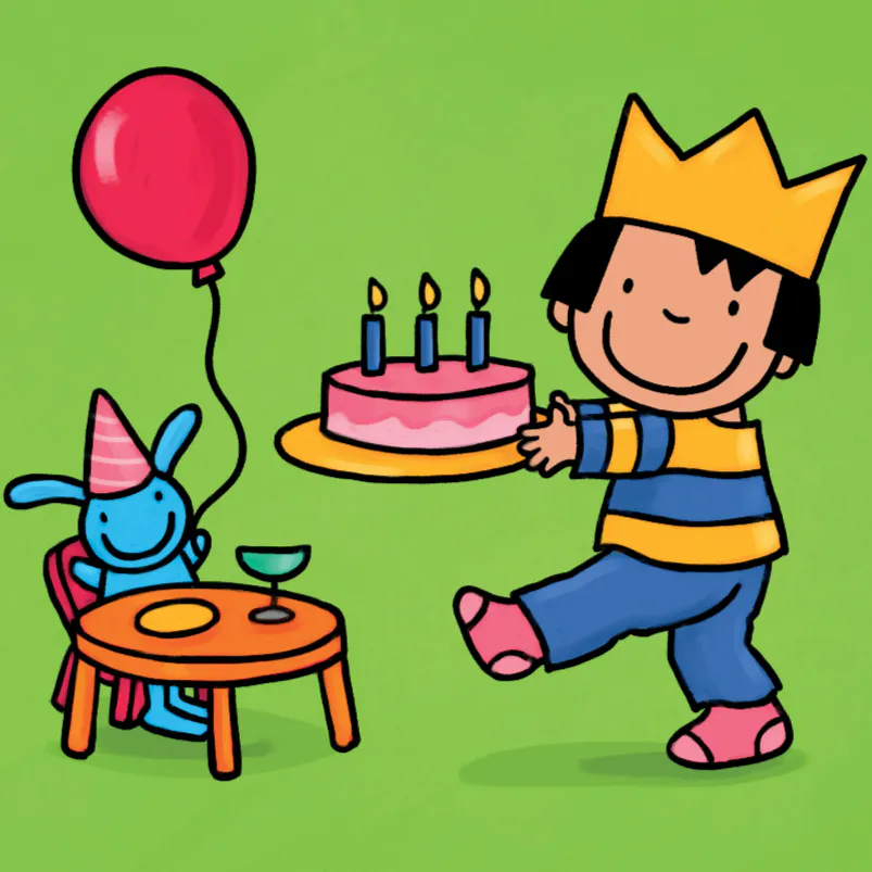 Afbeelding van Anna met een kroon. Ze draagt een taart naar de feesttafel waar Konijn al klaar zit om taart te eten.