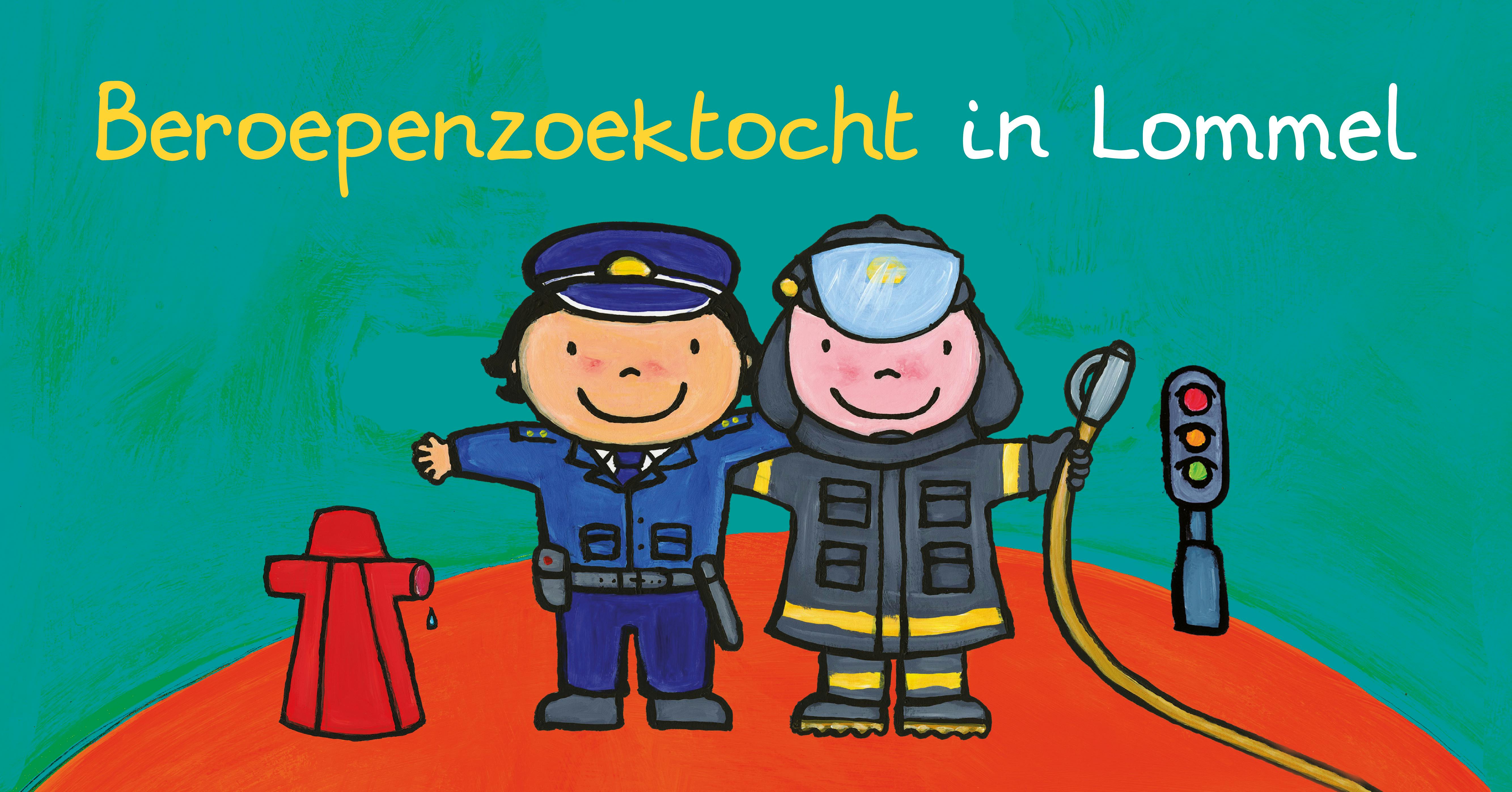 Banner voor de Beroepenzoektocht in  Lommel. We zien een politieagent en brandweerman uit de beroepenreeks van Liesbet Slegers. 
