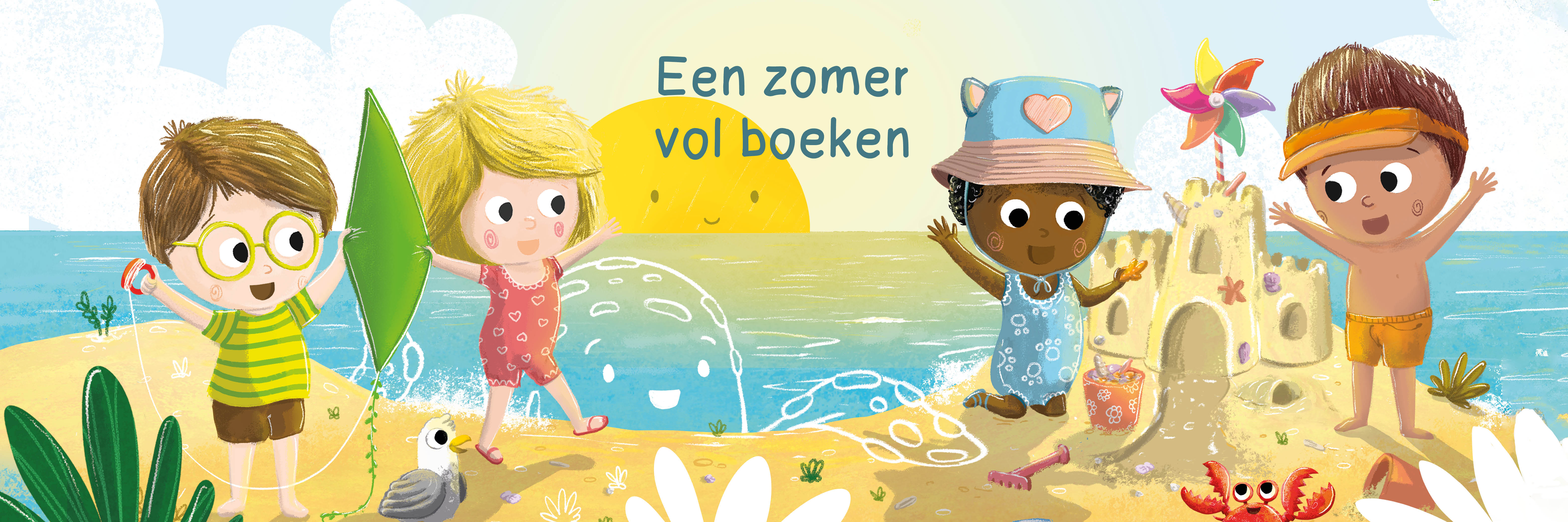 Binnenwerk uit 'Olivia gaat naar zee' van Federico Van Lunter. Vier kinderen spelen op het strand.