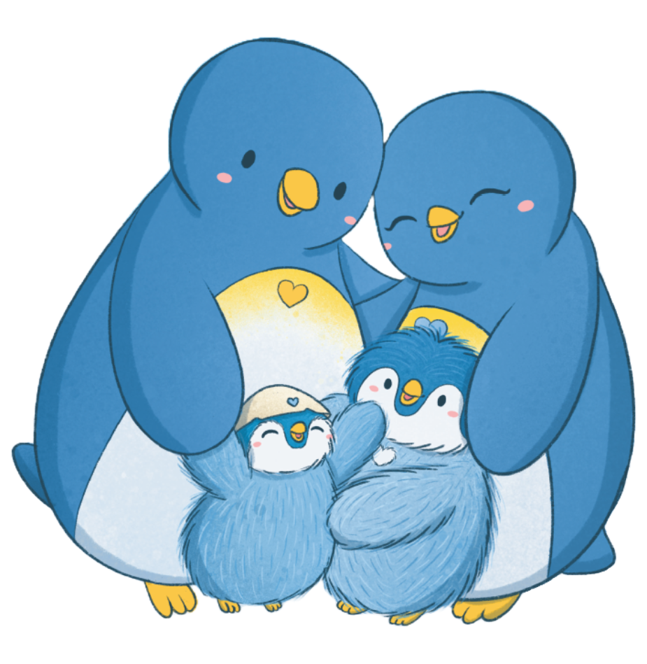 De afbeelding toont de schattige pinguïnfamilie van Pip bestaande uit vier blauwe pinguïns. De ouders, staan liefdevol dicht bij elkaar en kijken naar hun twee jonge pinguïns die tussen hen in staan. De jonge pinguïns hebben pluizige blauwe vachtjes, en één van hen draagt een schattig petje. De ouders hebben een gele vlek op hun buik, met een hartje erop. De gezichten van alle pinguïns stralen vreugde en geborgenheid uit, wat een warm en liefdevol familiegevoel geeft.