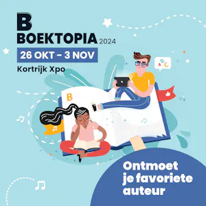 Aankondigingsaffiche Boektopia met 2 figuurtjes op een boek