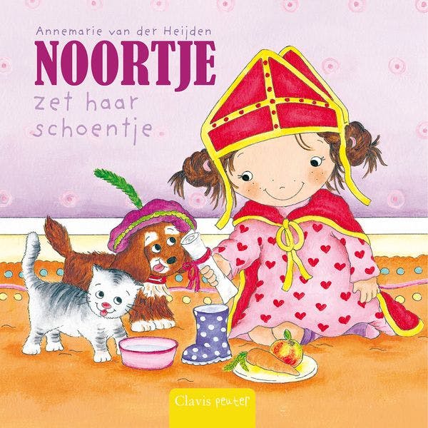 een klein meisje is verkleed als Sinterklaas met een rood manteltje en een mijter, naast haar zitten een hondje en een poes, de hond heeft een pietenmuts op, het meisje stopt een tekening in haar laarsje, de titel luidt 'Noortje zet haar schoentje'