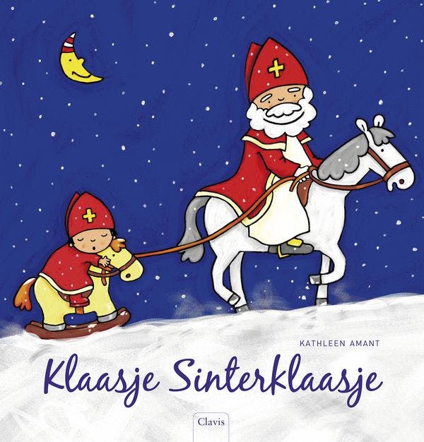 illustratie van sinterklaas op zijn witte paard, met een touw houdt hij een schommelpaardje vast waar een kindje op ligt te slapen, verkleed als sinterklaas, de titel is 'Klaasje Sinterklaasje'