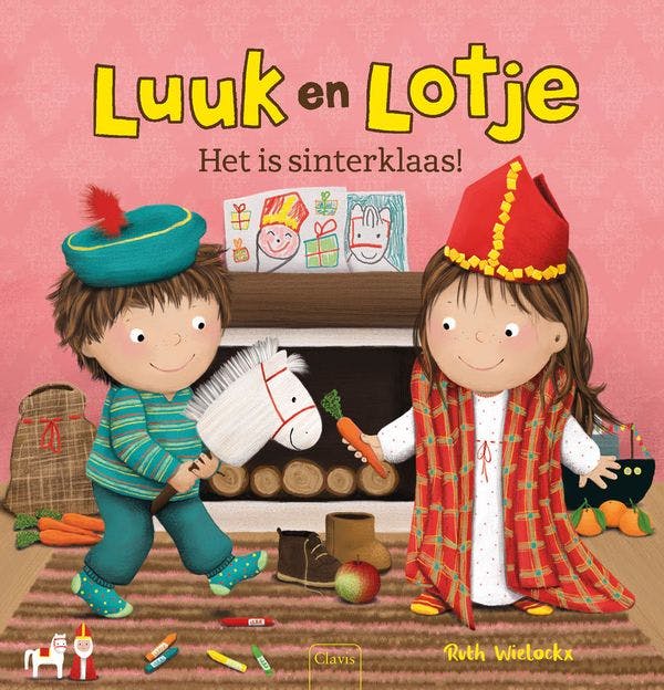 illustratie van een jongen en een meisje verkleed als sint en piet, zet zetten hun schoentje klaar bij de haard voor sinterklaas. de titel luidt 'Luuk en Lotje. Het is sinterklaas!'