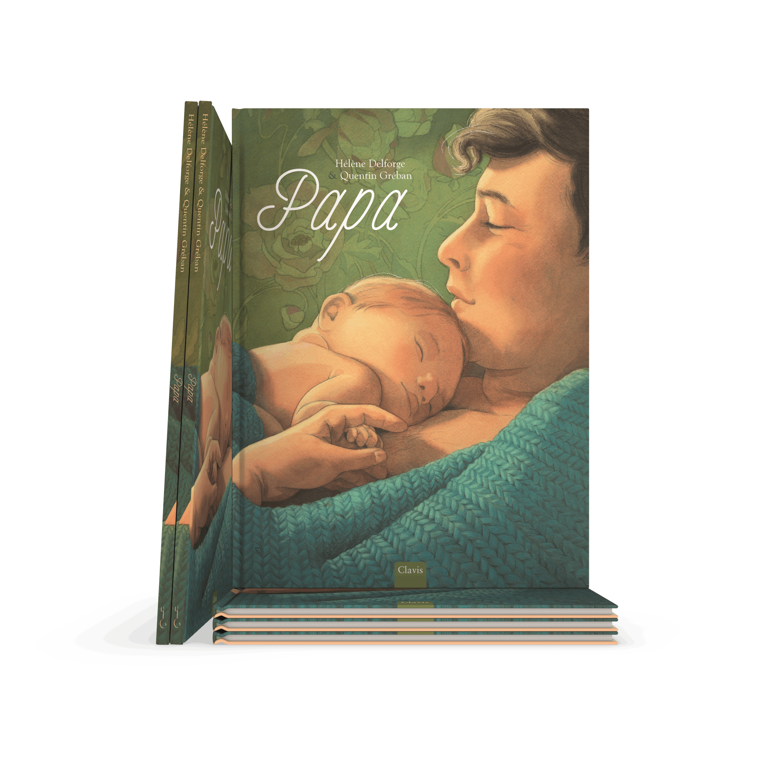 Omslag van het boek “Papa” van Hélène Delforge en Quentin Gréban. De illustratie toont een tedere scène van een vader die zijn slapende baby liefdevol vasthoudt. De zachte pastelkleuren benadrukken de warme en emotionele sfeer. Uitgegeven door Clavis Uitgeverij.
