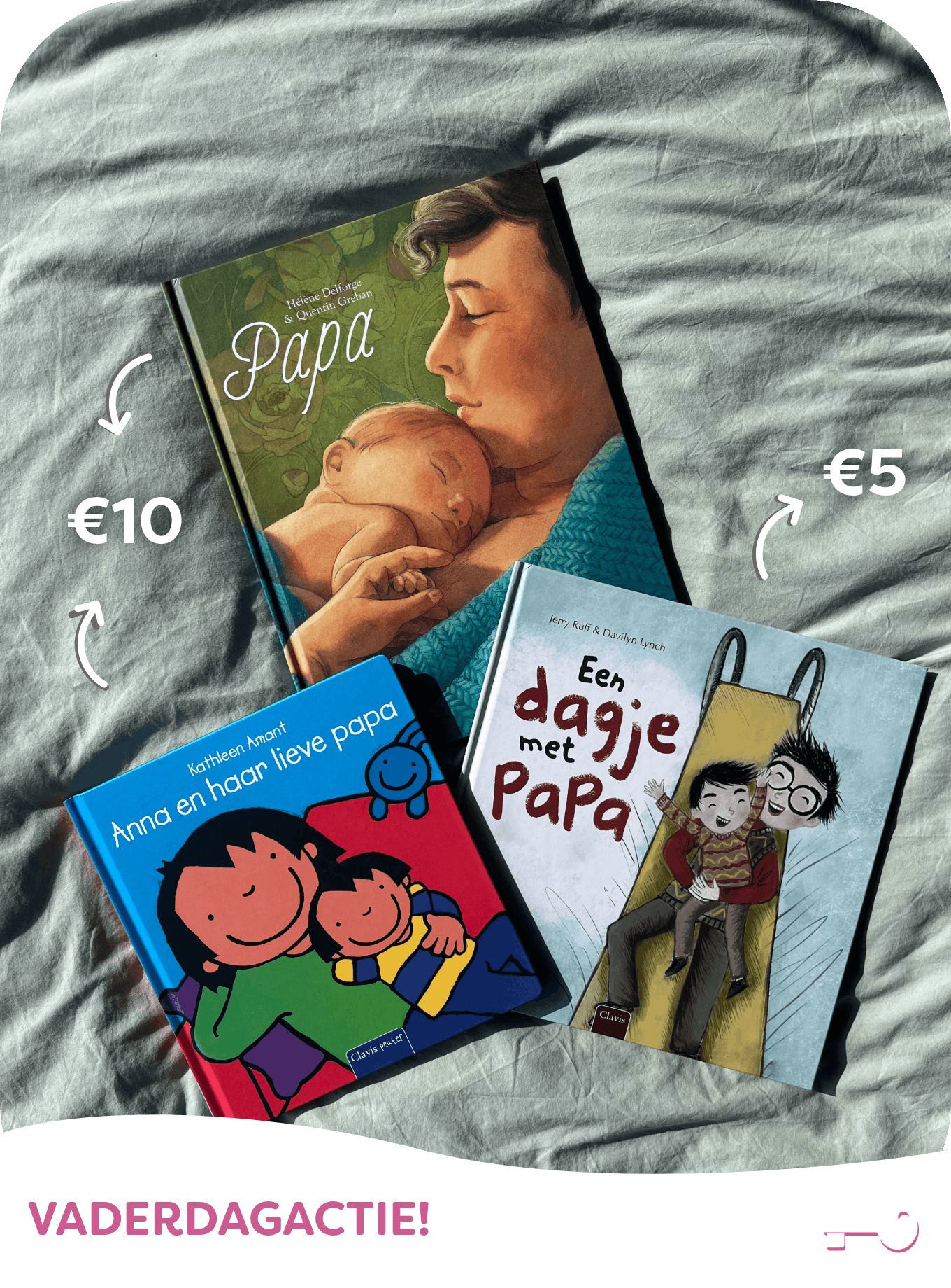 Een foto van drie Vaderdagboeken die in korting zijn. "Papa" van Hélène Delforge & Quentin Gréban en "Anna en haar lieve papa" van Kathleen Amant kosten elk €10.  "Een dagje met papa" van Jerry Ruff & Darilyn Lynch kost €5. Onderin de afbeelding staat in het roze de tekst “Vaderdagactie!” op een witte achtergrond