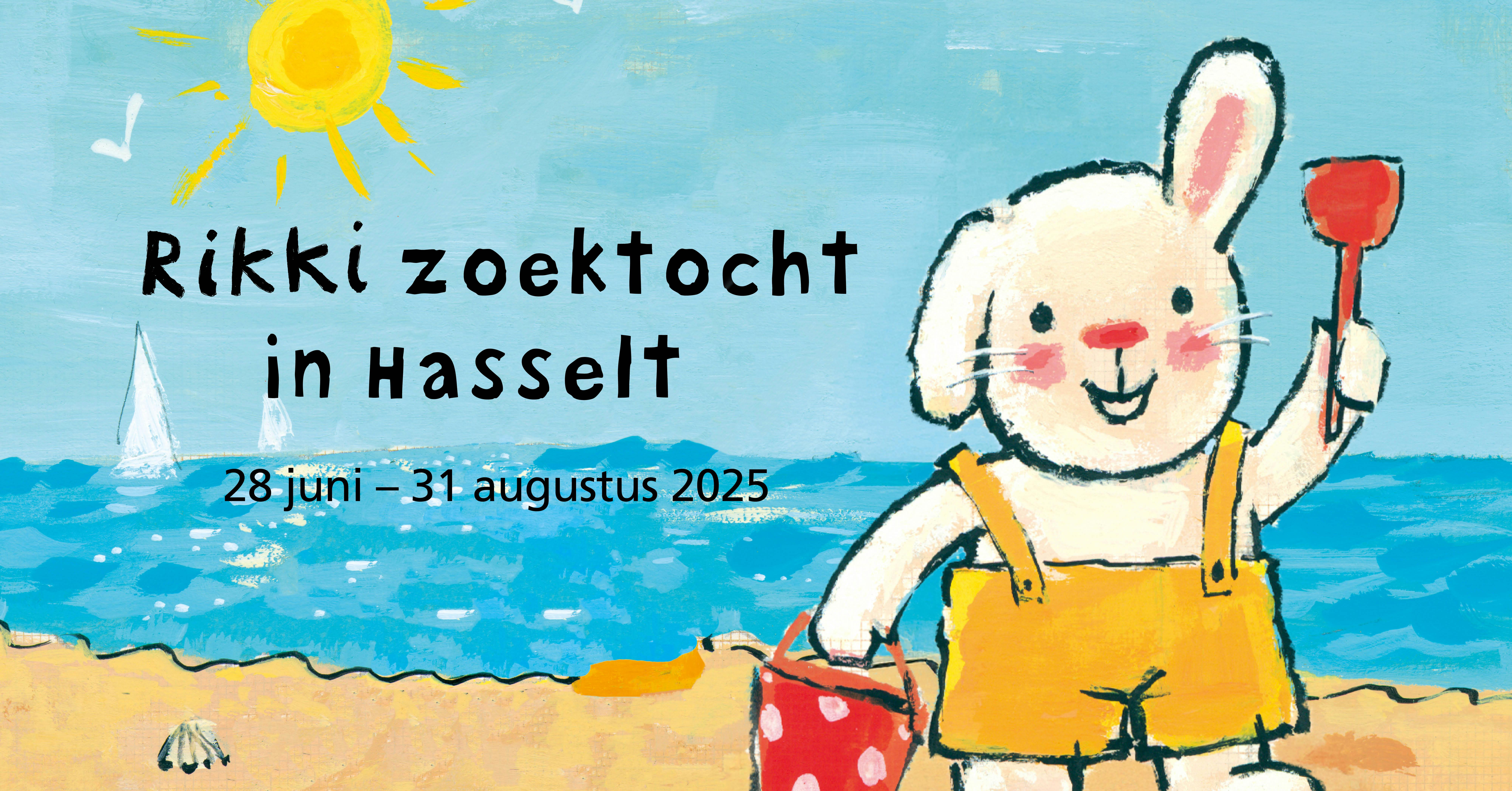 Illustratie van Rikki aan zee – promotie voor een gezinsvriendelijke zoektocht door het centrum van Hasselt