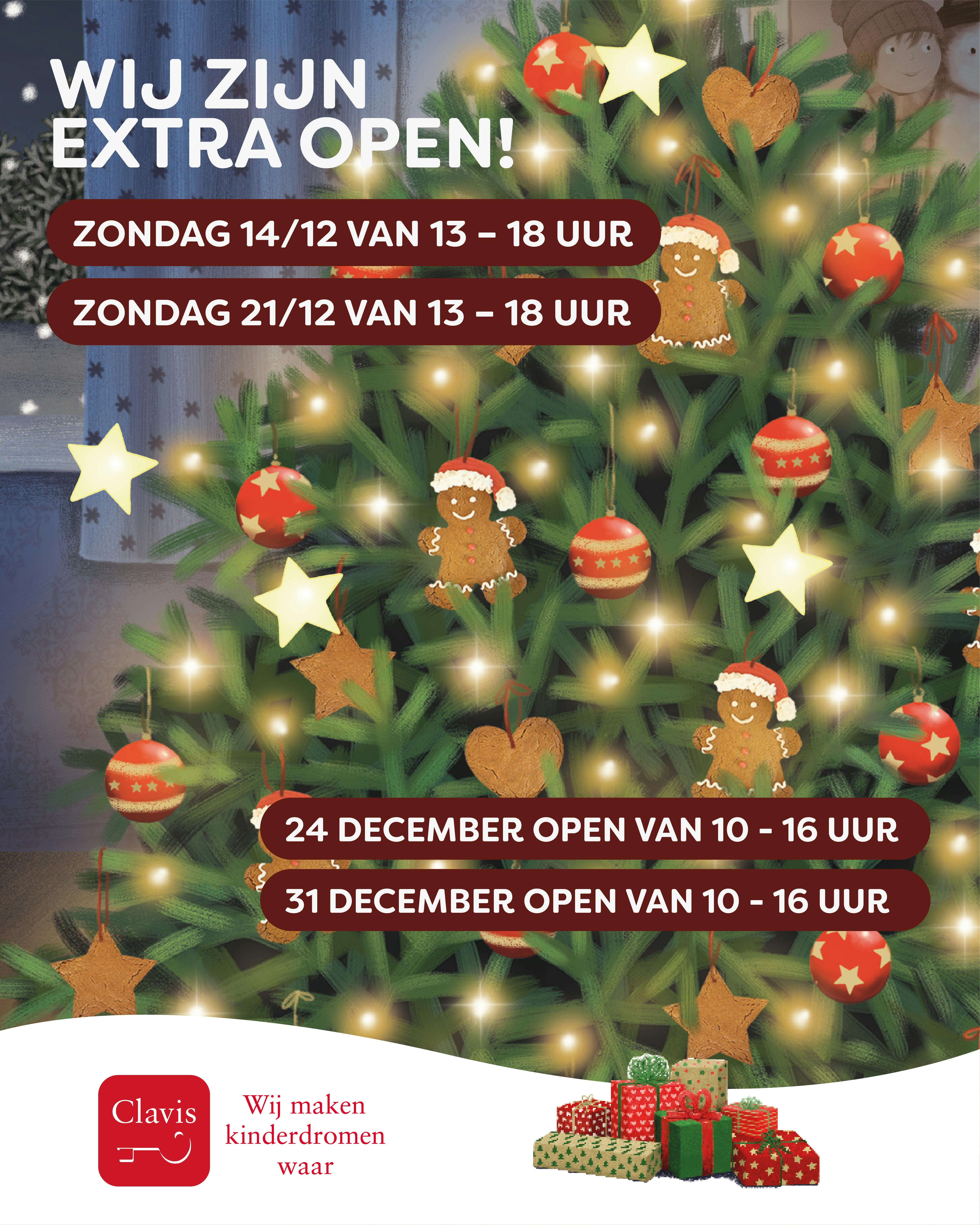 afbeelding van kerstboom en sterretjes met tekst Wij zijn extra open