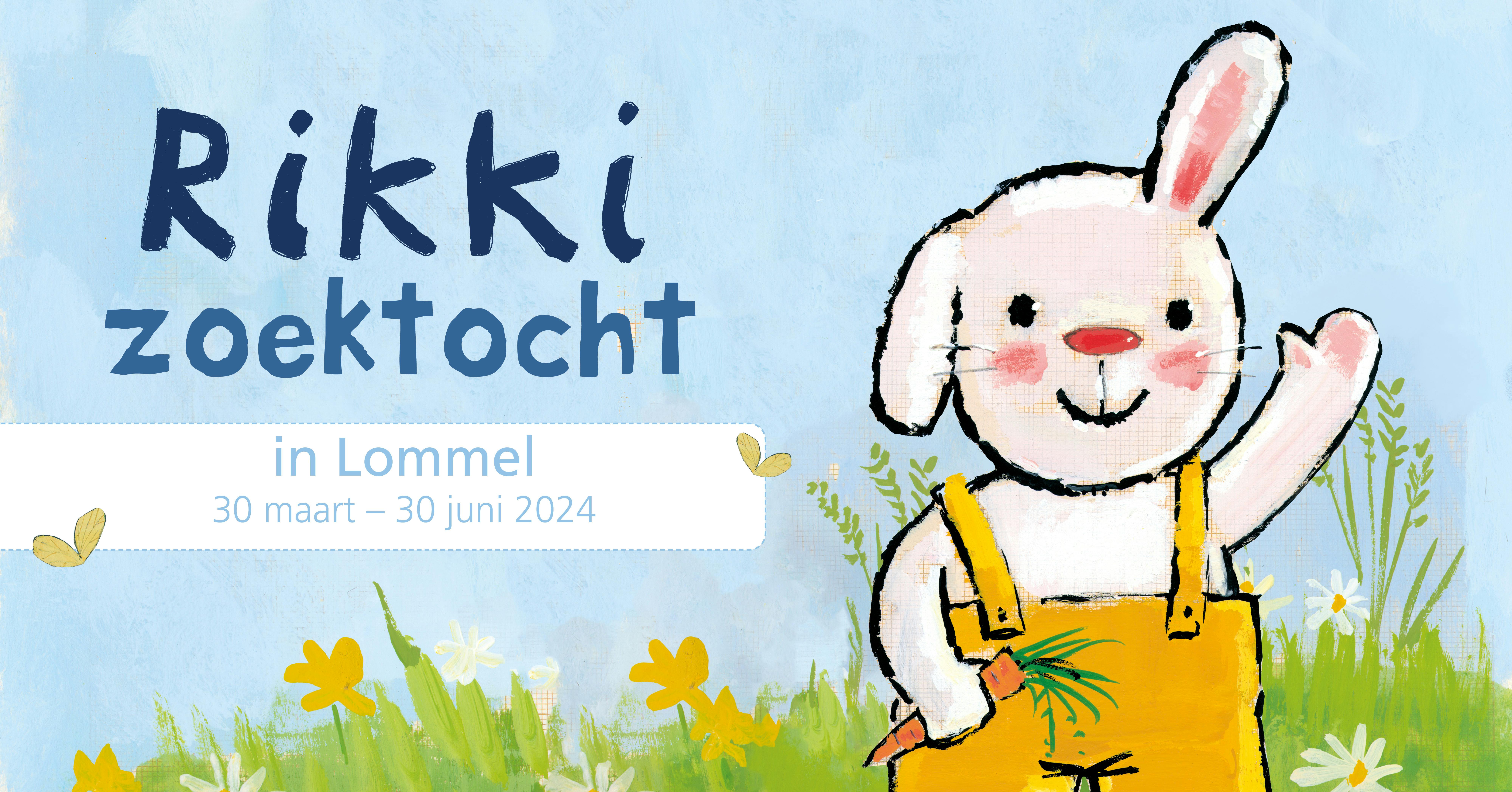 Een banner ter promotie van de Rikki zoektocht in Lommel. Deze zoektocht loopt vanaf zaterdag 30 maart 2024 tot en met zondag 30 juni 2024. Op de banner staat Rikki ook al zwaaiend naast de praktische informatie. 