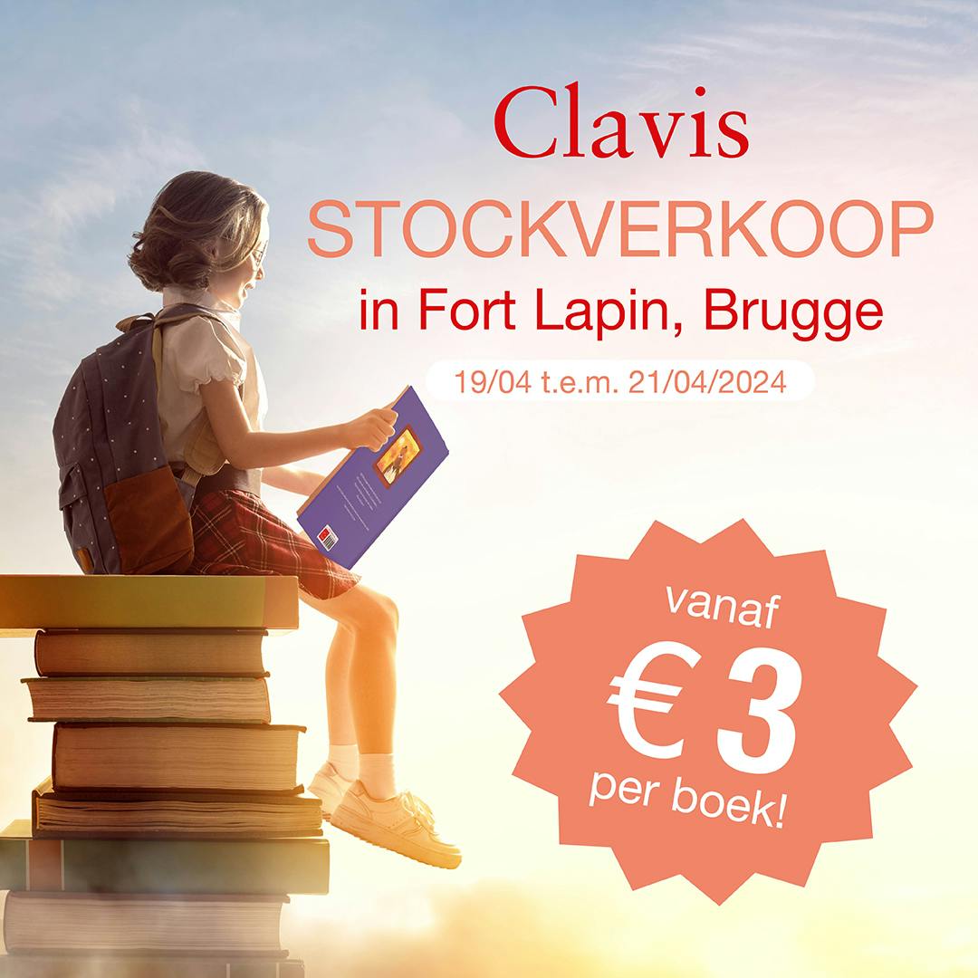 Afbeelding om de stockverkoop van Clavis Uitgeverij aan te kondigen in Brugge