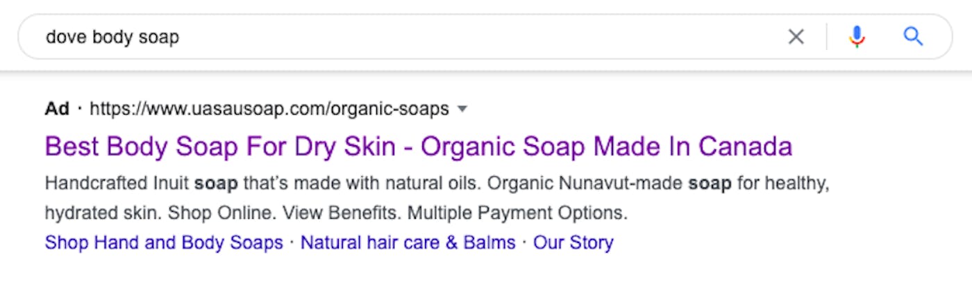 A google search for "Dove body soap" shows the top result as an ad for Uasau Soap.