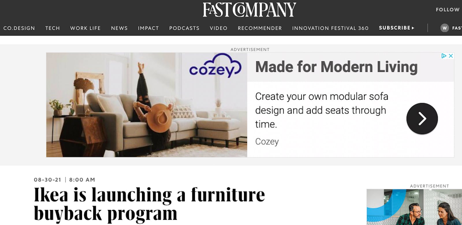 An ad for Cozey is shown above an article on Fast Company