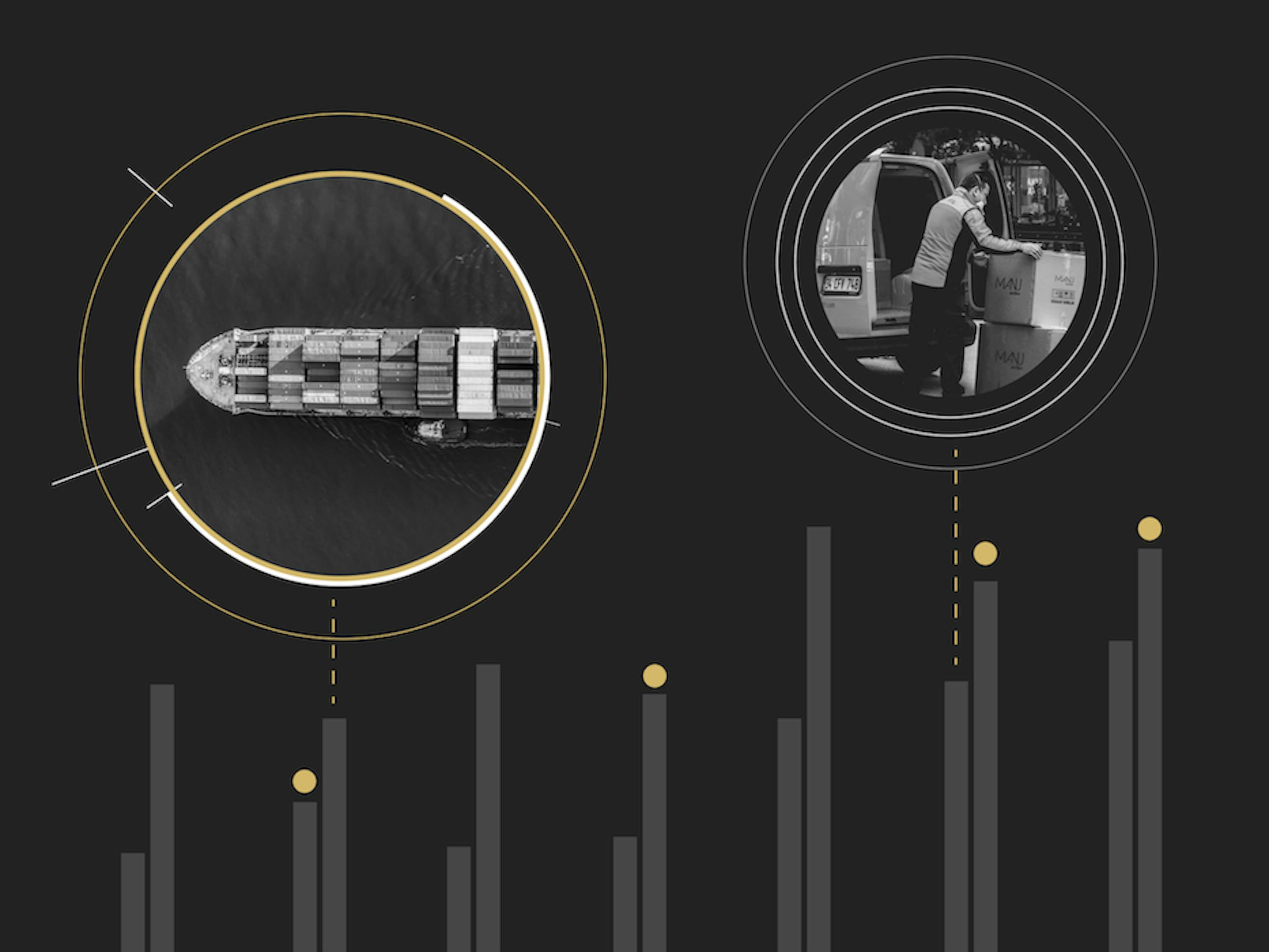 Images of a cargo ship in the ocean and a man unpacking a truck with boxes are overlaid on a graph