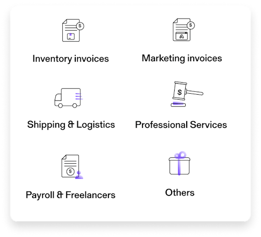 Available invoice types. Inventory invoices, Marketing invoices, Shipping & logistics, Professional services, payroll and freelancers, and others