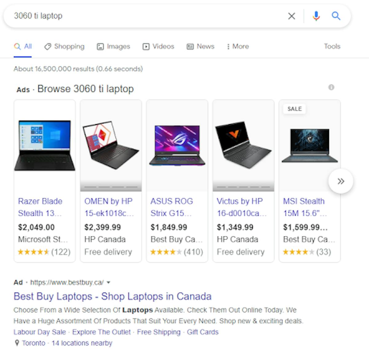 A google search for a laptop shows multiple ads as the top result