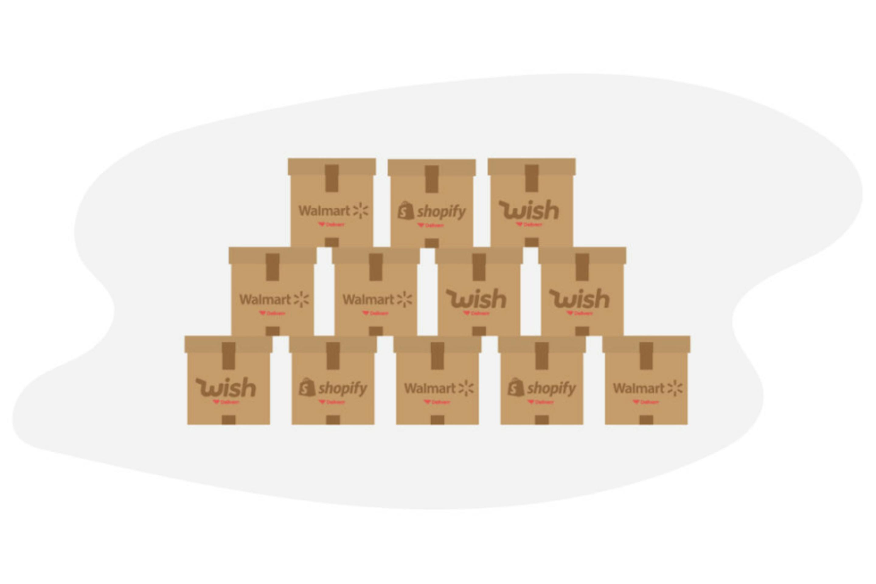 Stacked boxes with e-commerce brand logos
