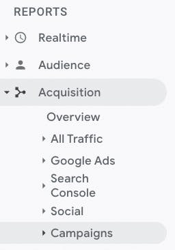 A screenshot of the "reports" dropdown menu in Google Analytics, with Acquisition, then Campaigns selected.