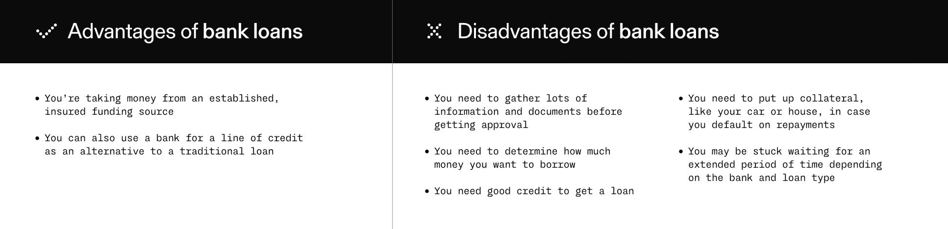 The upside of bank loans You’re taking money from an established, insured funding source. You can also use a bank for a line of credit as an alternative to a traditional loan. The downside of bank loans You need to gather lots of information and documents before getting approval. You need to determine how much money you want to borrow. You need good credit to get a loan. You need to put up collateral, like your car or house, in case you default on repayments. You may be stuck waiting for an extended period of time depending on the bank and loan type.