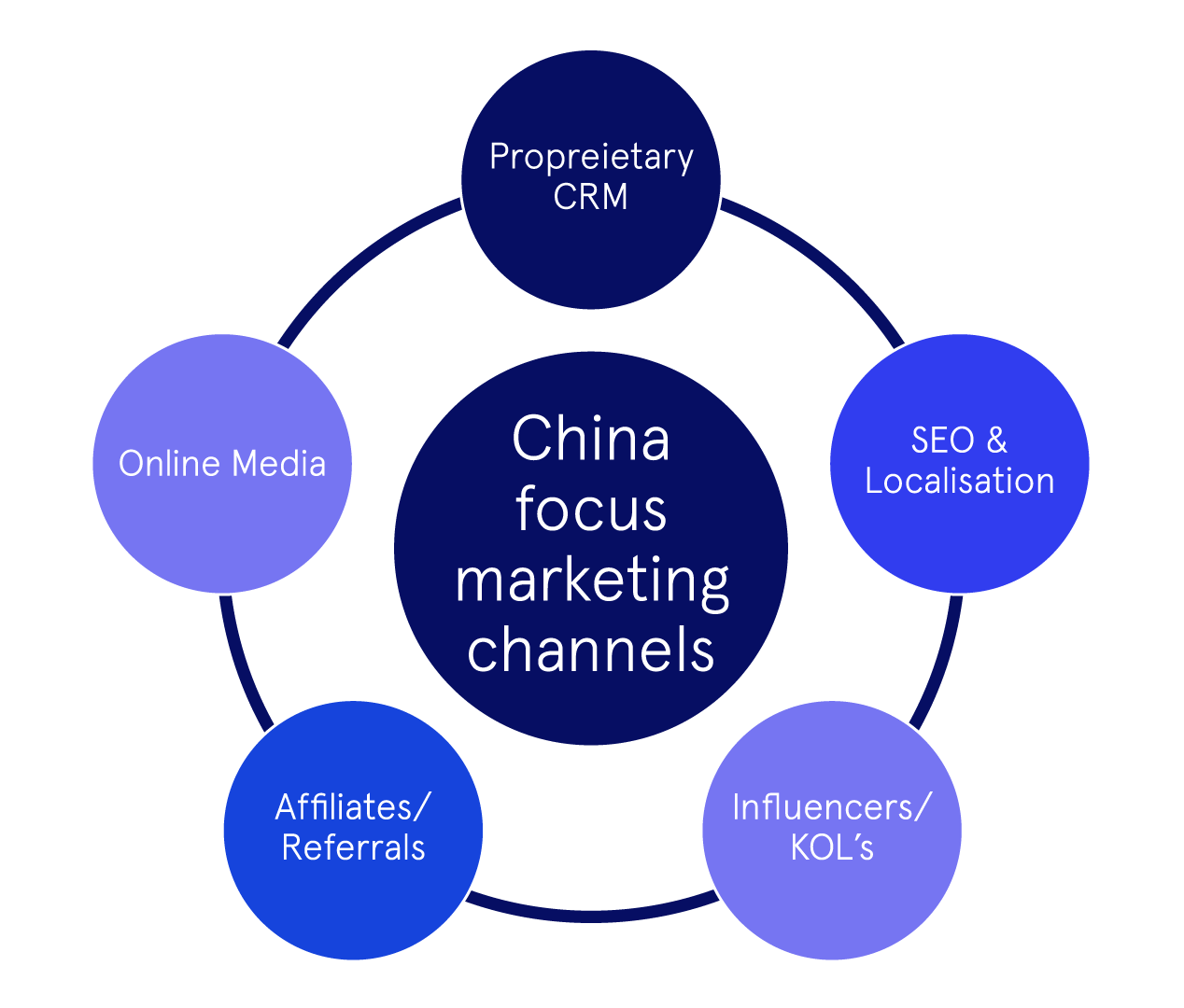 A schematic design with "China focus marketing channels" in the centre. It's surrounded by the following circles: Proprietary CRM, Online media, SEO and localization, Affiliates and referrals, Influencers and KOLs. 