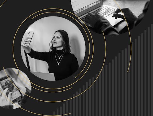 Three images are shown side-by-side. A woman scrolling on Instagram on her phone. A woman taking a selfie. Someone typing on a laptop.