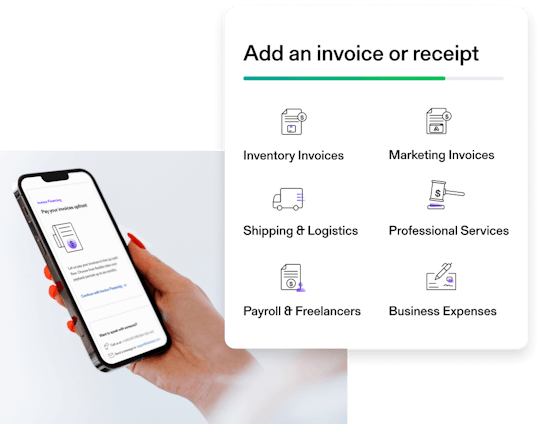 Icons depicting what kind of invoices and receipts that Clearco funds: inventory, marketing, shipping and logistics, professional services, payroll and freelancers, and business expenses