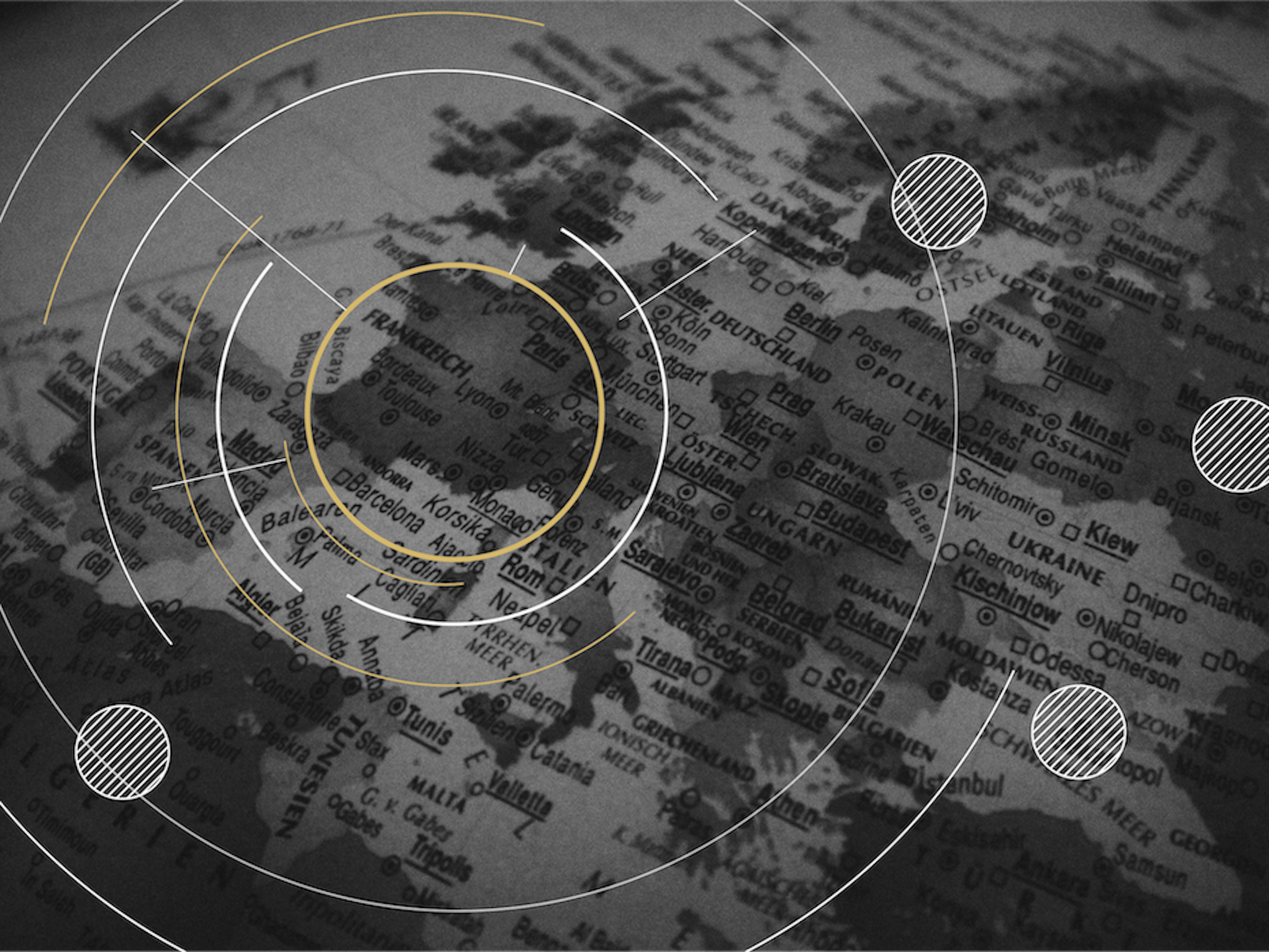 An old world map with a circled target around France.