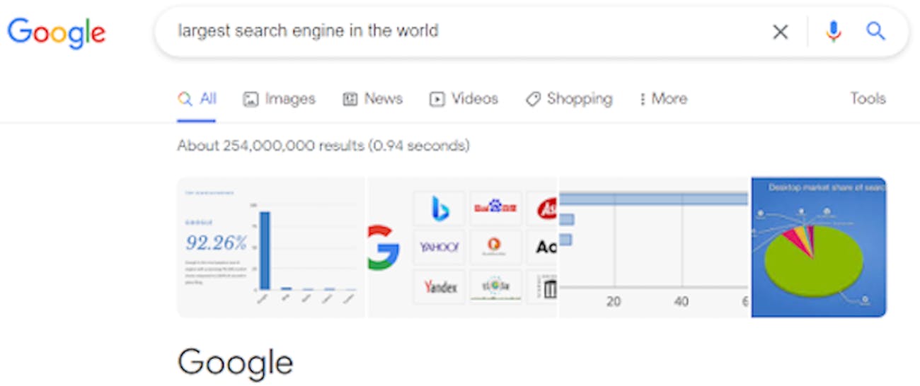 A google search for the largest search engine in the world shows Google as the result