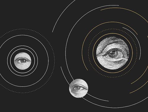 Three cartoon eyes taken from the dollar bills are shown floating in a design.