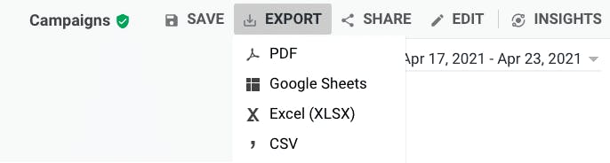 A screenshot of Google Analytics showing the "Export" menu, with options to export as a PDF, Google Sheets, Excel, or CSV document