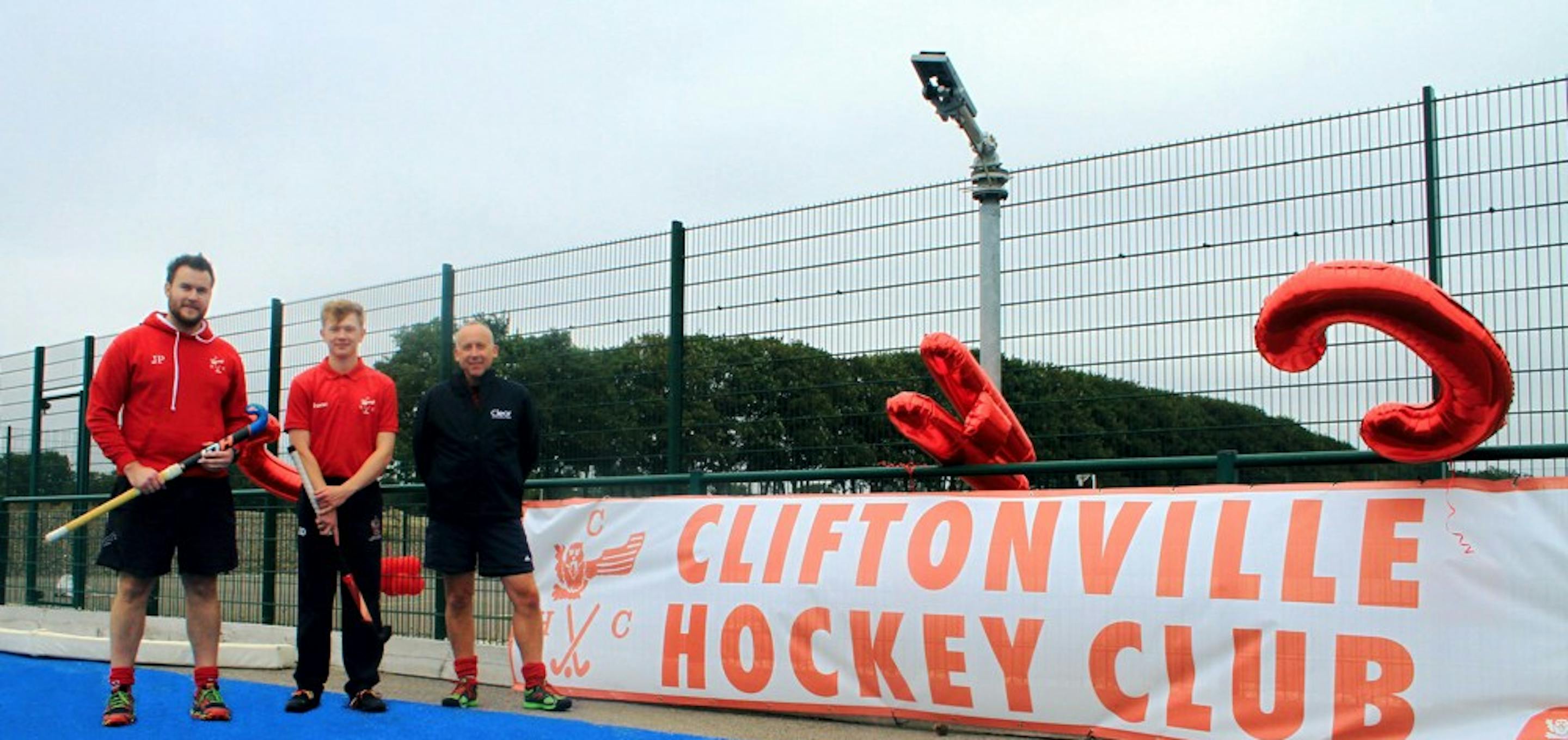 James Provins, Isaac Dilkes of Cliftonville HC and Clear Safety director Matt Westby