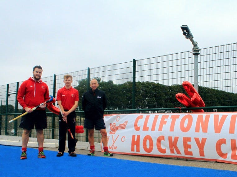 James Provins, Isaac Dilkes of Cliftonville HC and Clear Safety director Matt Westby