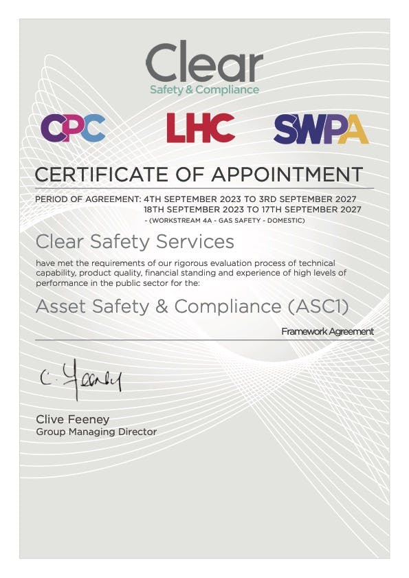 ASC1 certificate of appointment for Clear Safety 
