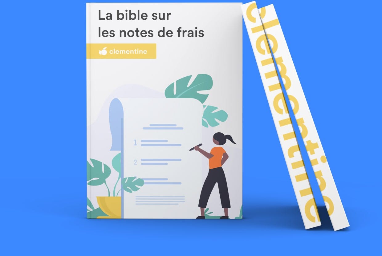 Photographie du livre blanc intitulé "La bible sur les notes de frais" sur fond bleu