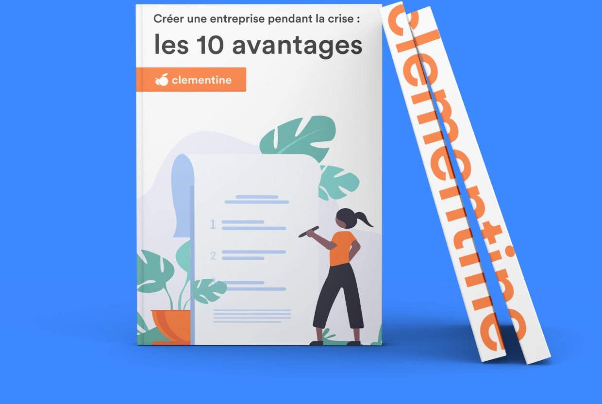 Photographie du livre blanc intitulé "Créer une entreprise pendant la crise : les 10 avantages" sur fond bleu