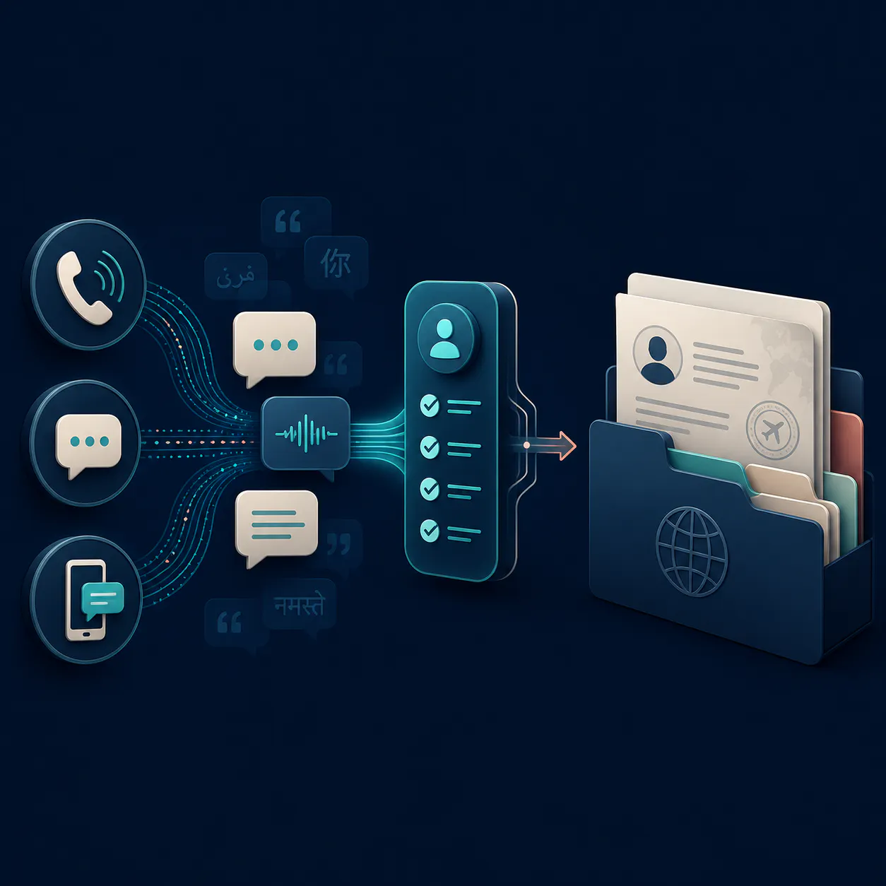 AI intake channels flowing into an organized immigration law firm case workflow
