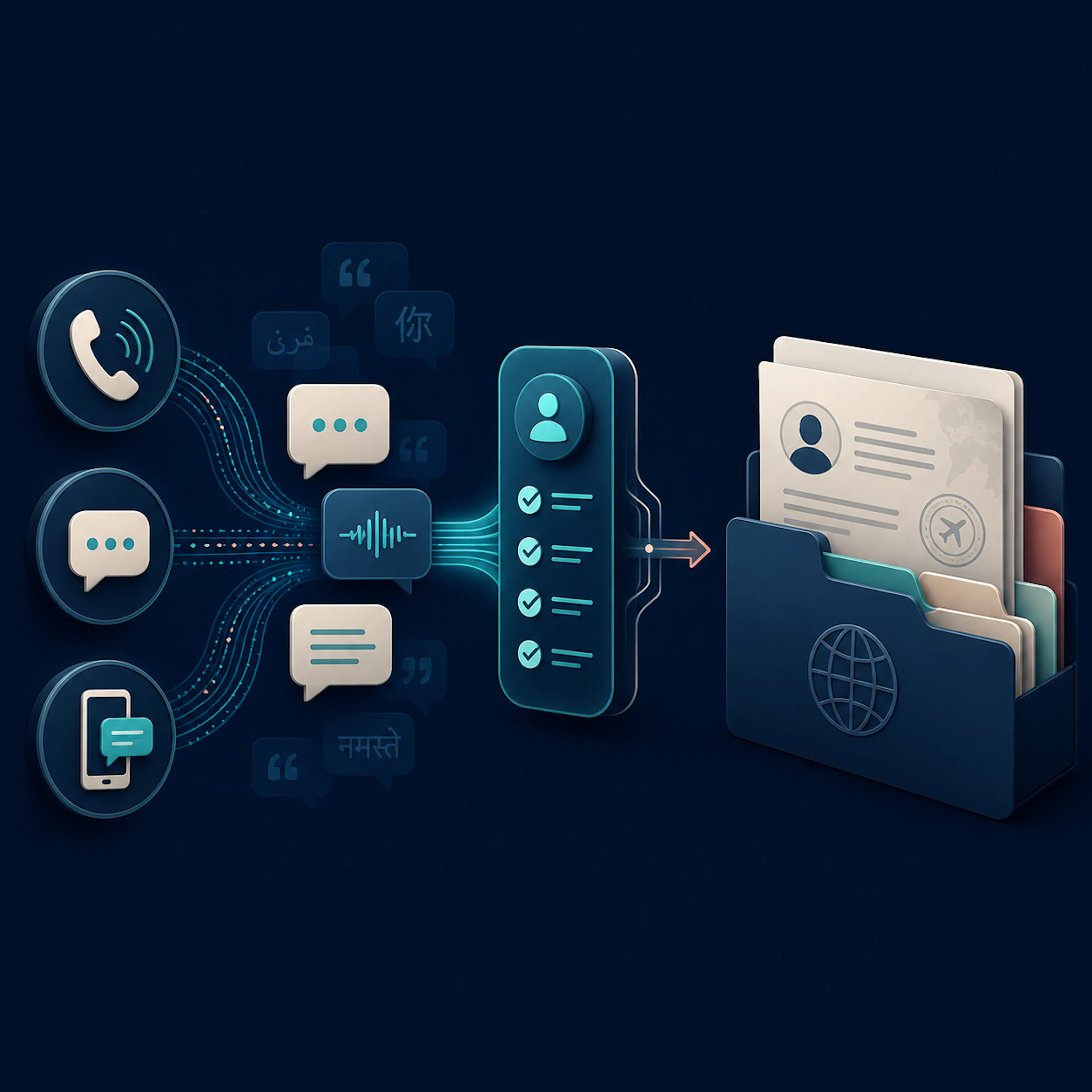 AI intake channels flowing into an organized immigration law firm case workflow
