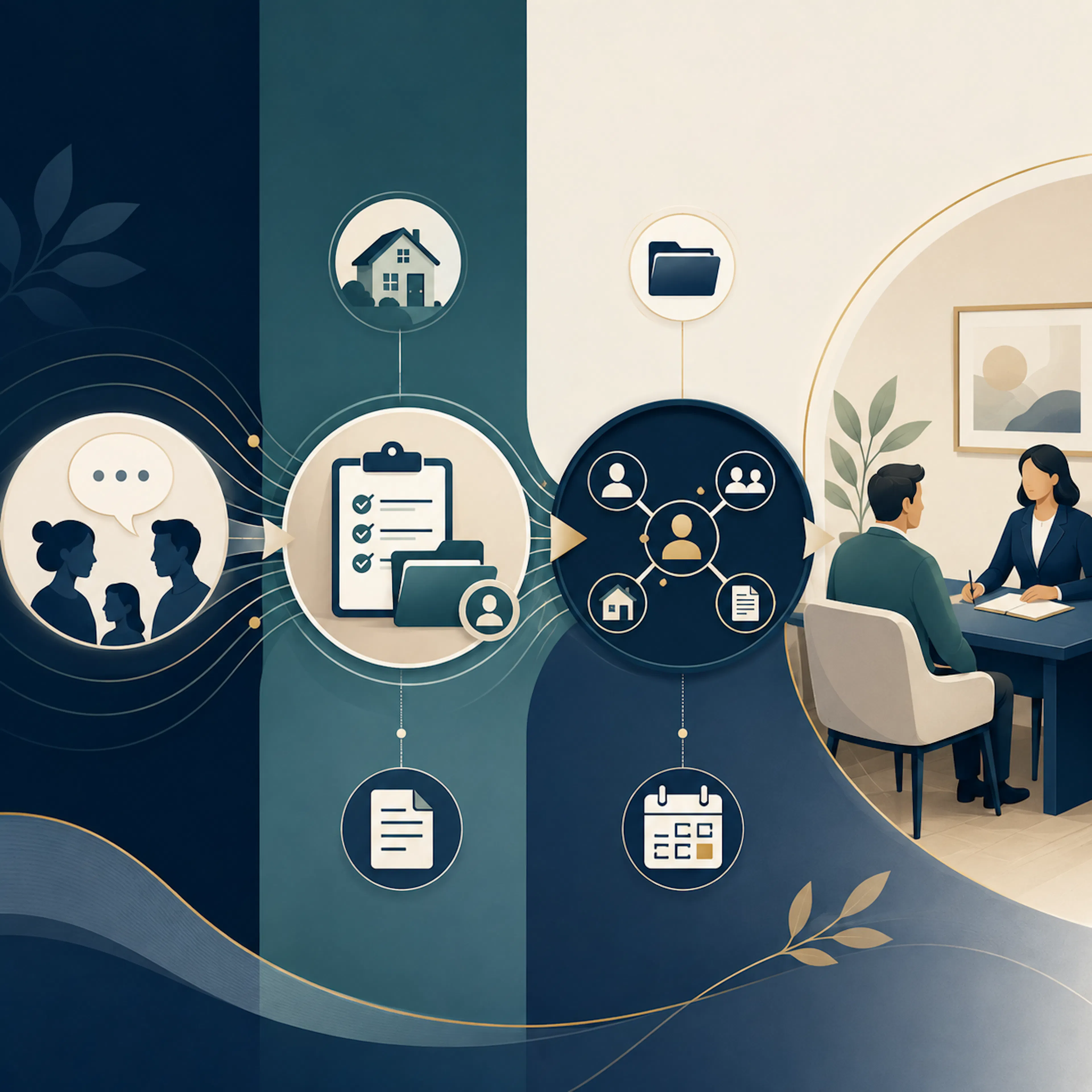 Estate-planning inquiry moving through structured intake into an attorney consultation
