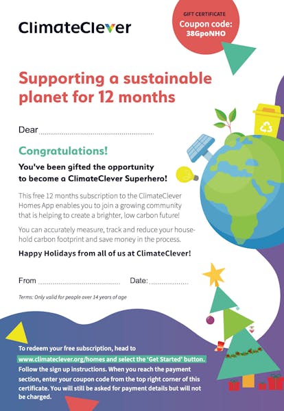 ClimateClever Christmas gift certificate valid for a free annual subscription to the ClimateClever platform