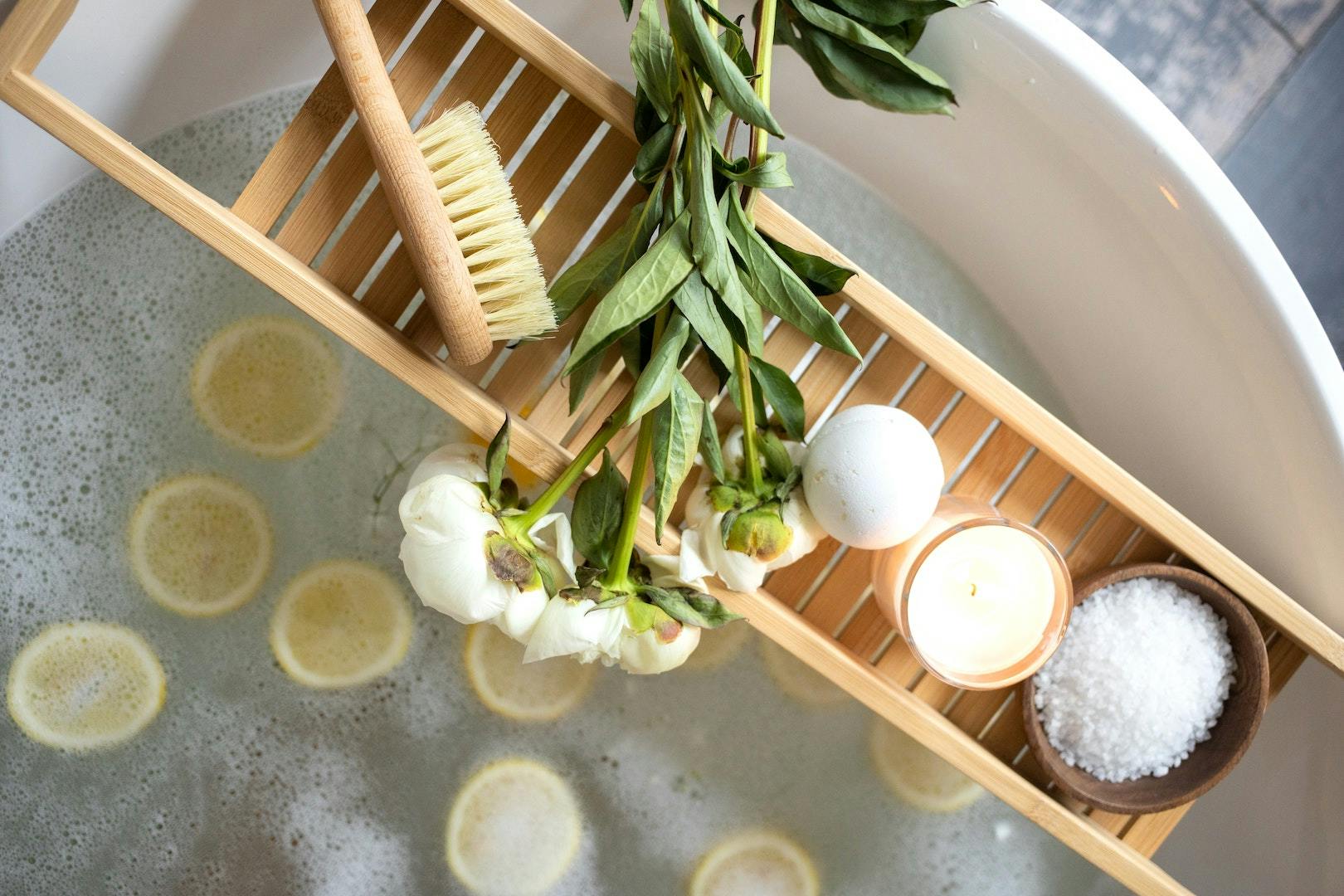 salt and flowers over a bath