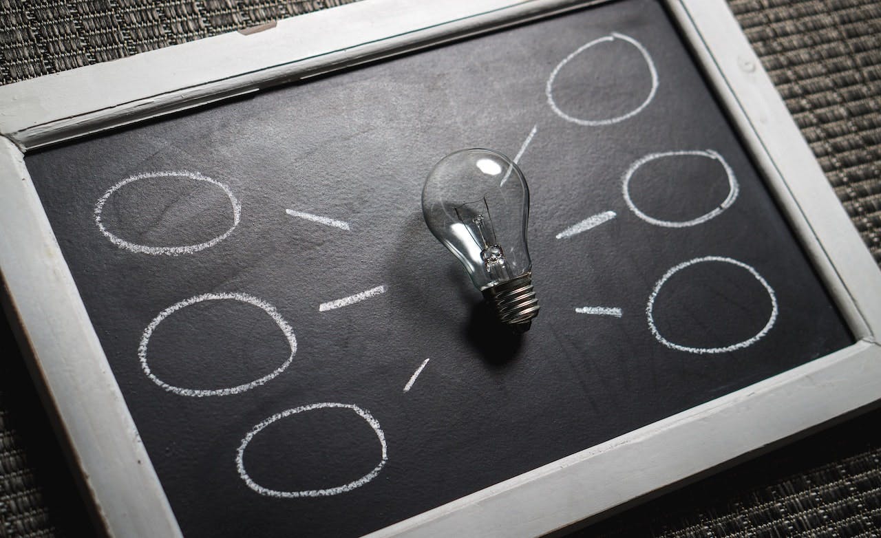 lightbulb surrounded by chalk thought bubbles