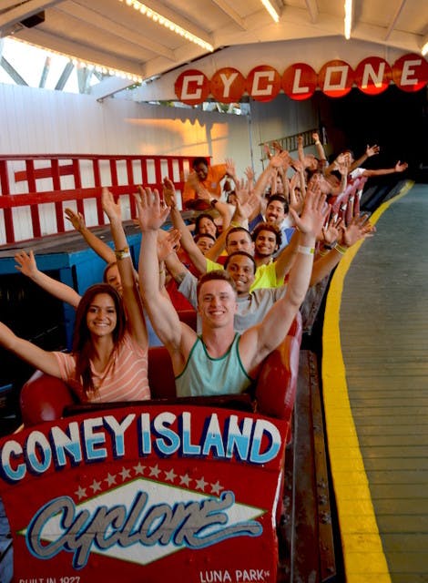 people on the Coney Island Cyclone rollercoaster