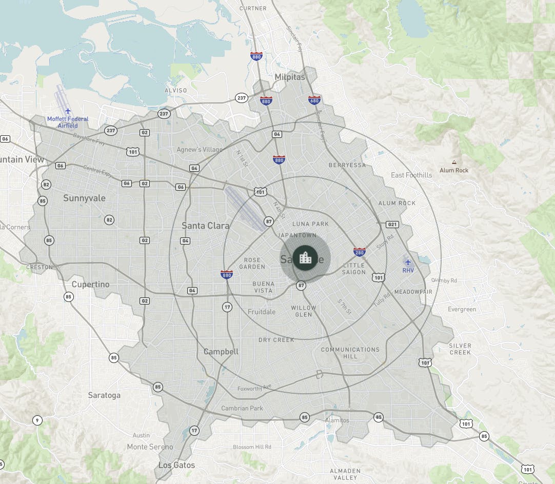 Map of the San Jose area, in shades of grey, with names of the surrounding cities, highways and there is a symbol of a facility on the center