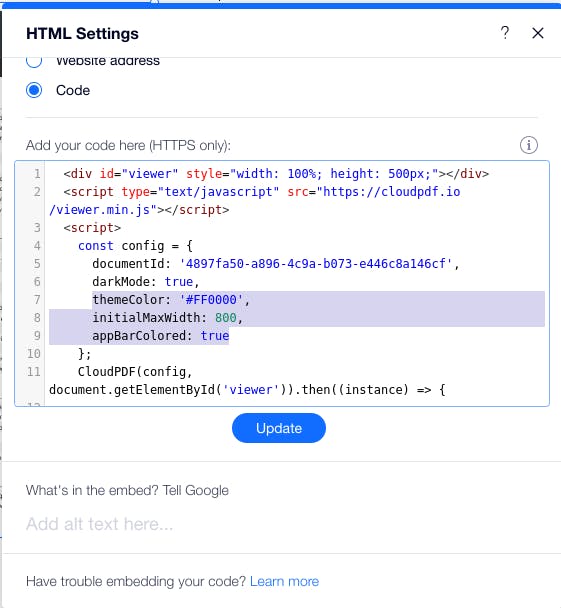 Edit the CloudPDF viewer inside Wix HTML settings