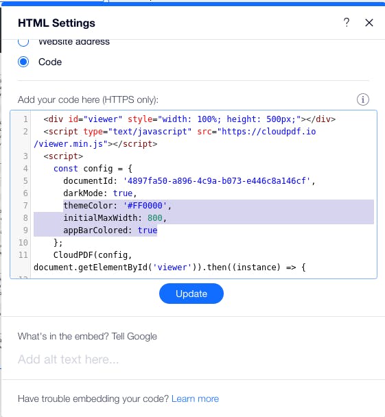 Edit the CloudPDF snippet on a Wix website