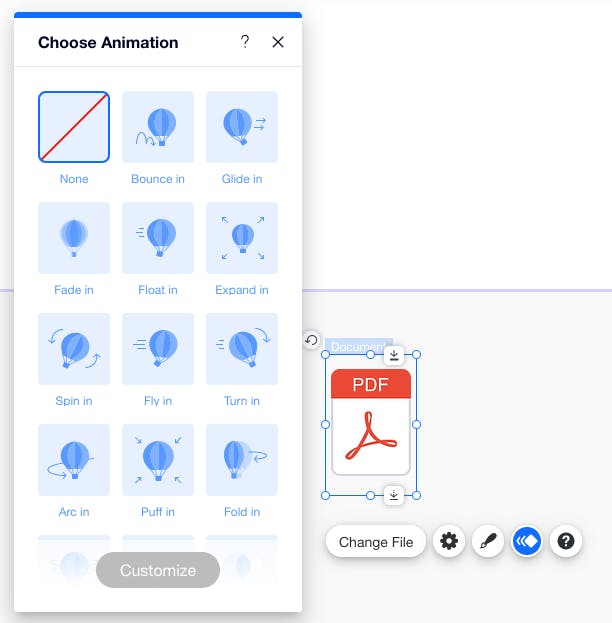 Choose animation on PDF document icon in Wix