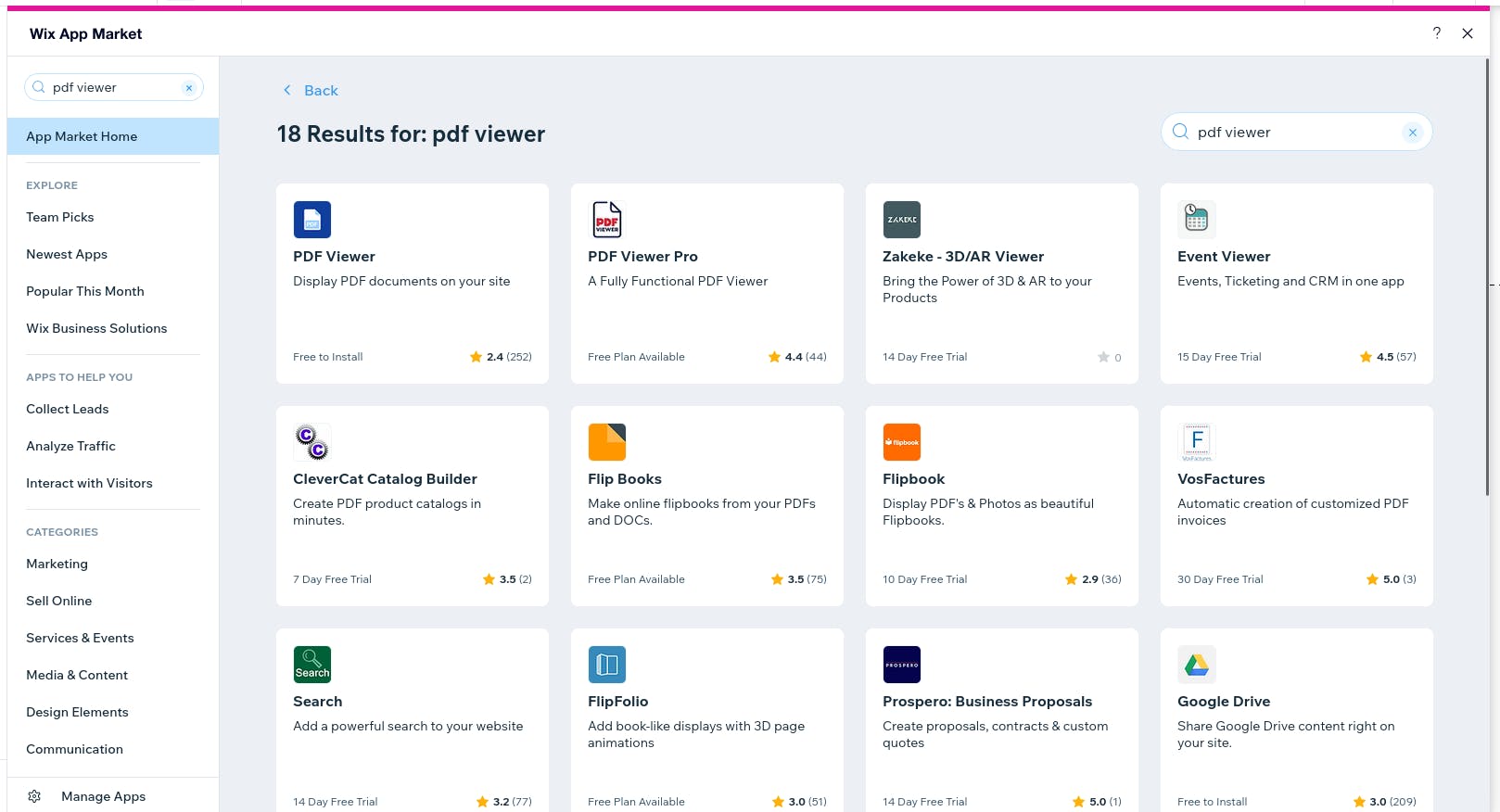 Search for PDF viewer inside the Wix store