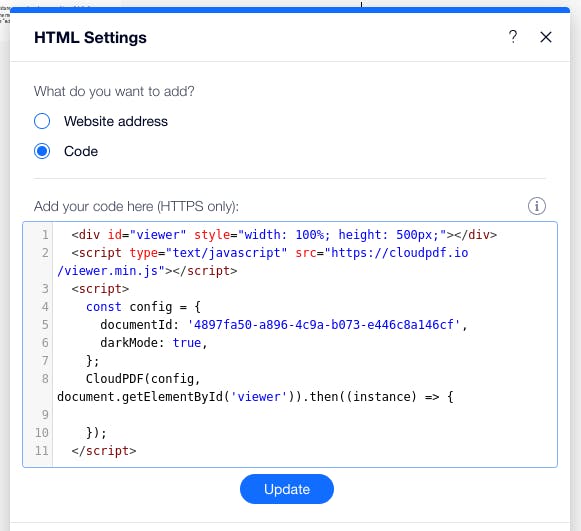 Insert CloudPDF code snippet into your Wix website