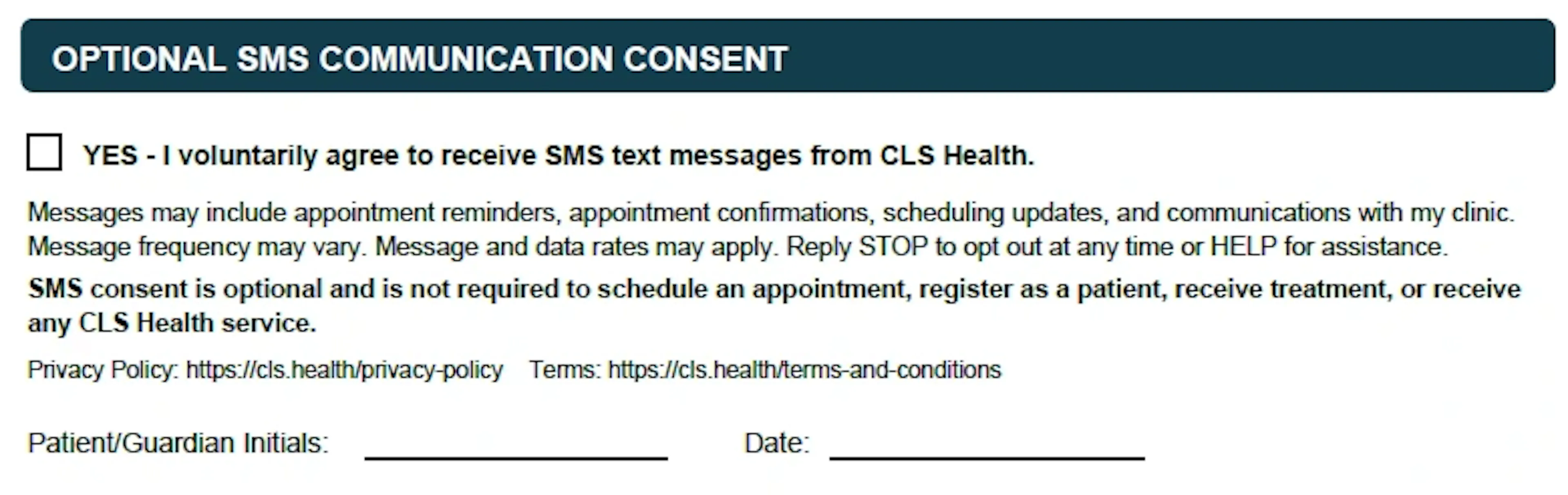 An example of an SMS Opt-In consent form.